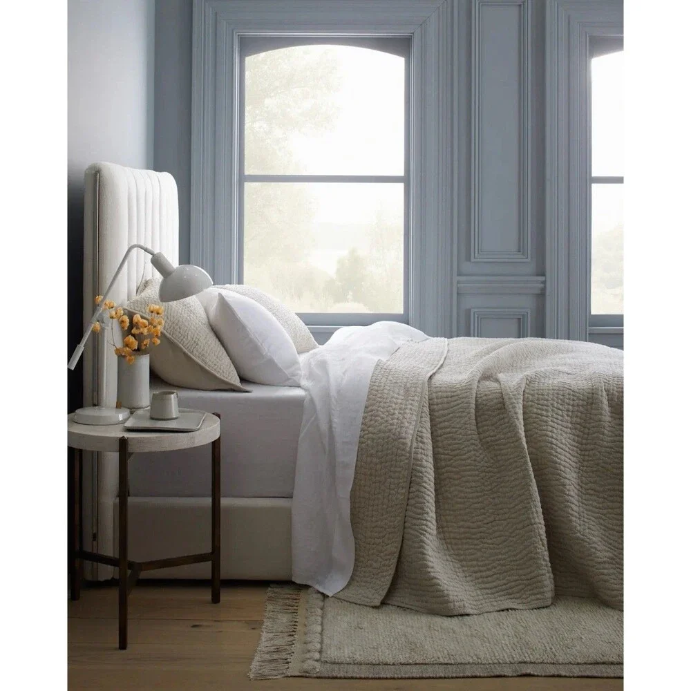 NWT QUINCE EUROPEAN LINEN COTTON STITCH QUILT SET FULL / QUEEN IN NATURAL OOS